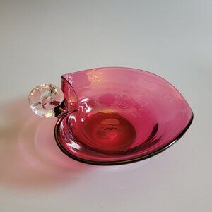 Vintage Pinlgrim Hand-Blown Art Glass Pink Heart Bowl With Clear Handle